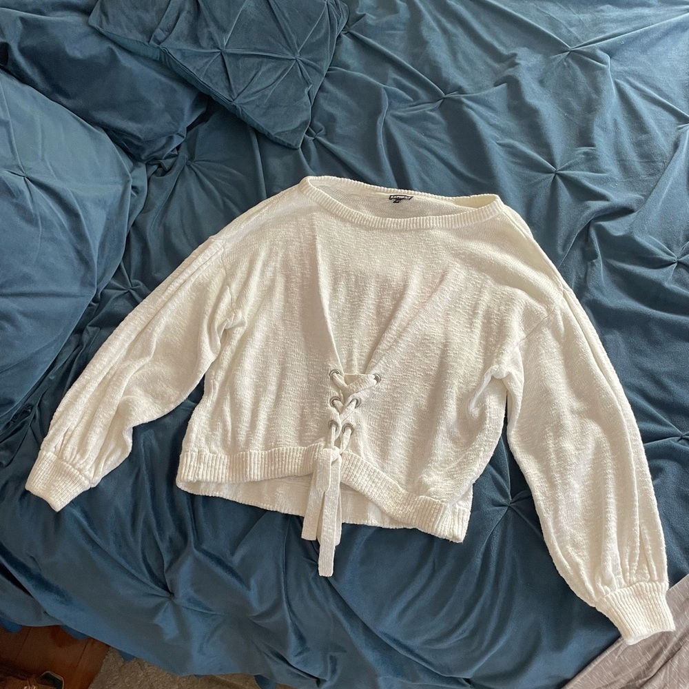 White Knit Sweater with Lace-Up Detail